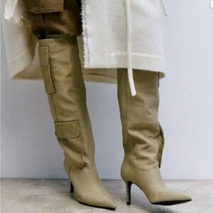 Zara Khaki Denim Cargo knee High Heeled Boots NWT